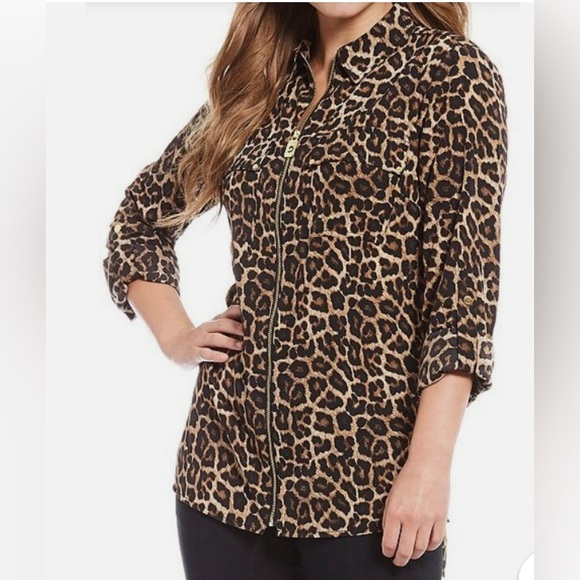 Michael Kors Leopard Animal Print Zipper Blouse Size large - Picture 1 of 11